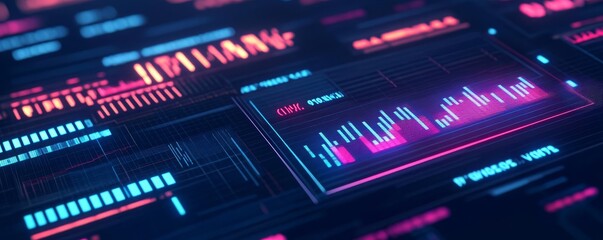Obraz premium Holographic company income statement, neon interface, corporate workspace