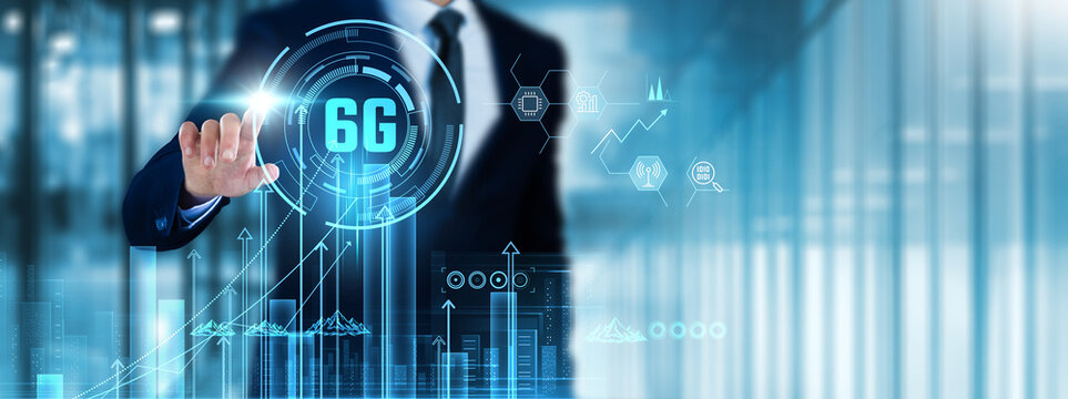 6G Technology: Businessman touches 6G technology analyzing graph ultra-fast connectivity, low latency, AI integration, smart cities, IoT expansion, real-time data, enhanced security, global coverage.