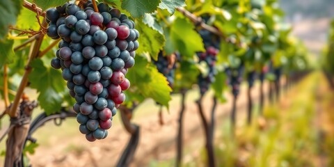 Fototapeta premium Juicy grapes hanging from vine in a lush vineyard, ready to be harvested, countryside, grape, autumn