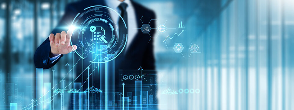 Compliance: Businessman touch compliance analyzing graph regulatory requirements, risk management, audit trails, data protection, policies, reporting, governance, standards.