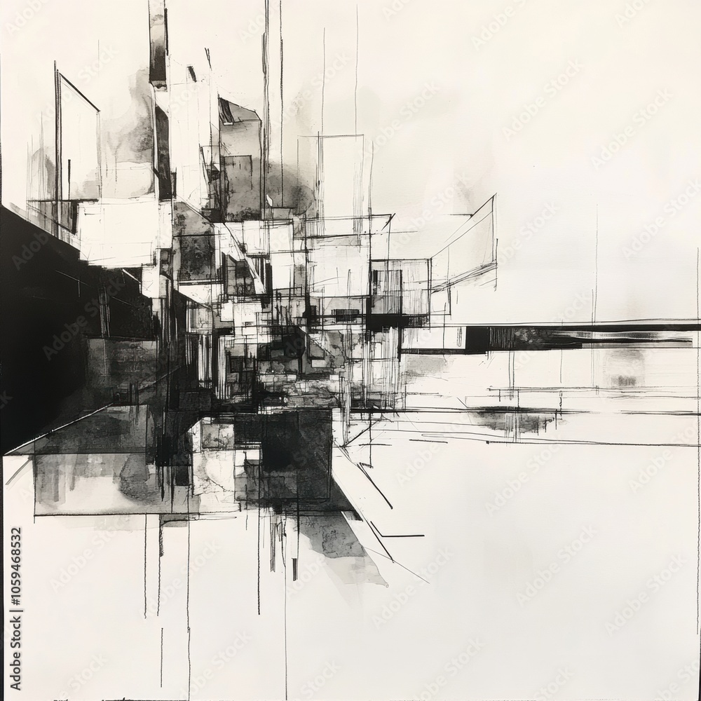 Poster An intricate composition of geometric shapes and lines creates a dynamic urban landscape illustrating depth and contrast in black ink. Generative AI