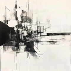 Fototapeta premium An intricate composition of geometric shapes and lines creates a dynamic urban landscape illustrating depth and contrast in black ink. Generative AI