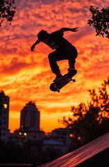 Skateboarder jumps at sunset. A skateboarder performs an impressive trick in the air while the sun sets, painting the sky with brilliant colors in an urban setting.
