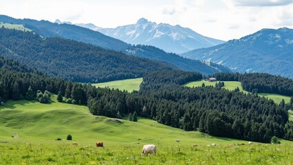 Tranquil Swiss Jura Mountains with wooden cabin pine trees grazing cows