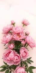 Lush pink peonies and roses in bloom against a soft pastel background, romantic, soft, exquisite