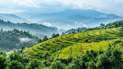Obraz premium Tranquil Vietnamese rice terraces at dawn with misty valley below