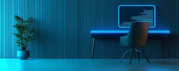 Holographic revenue analysis, modern office, blue neon accents