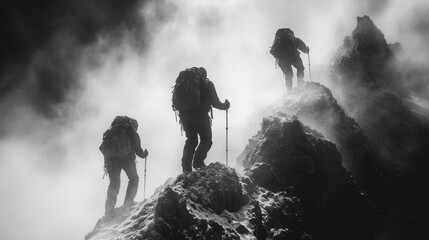 Three climbers equipped with hiking gear navigate steep, rocky terrain shrouded in mist. The atmosphere is intense and dramatic as they tackle the ascent.