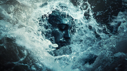 Gesicht einer Frau von tosenden Wellen umgeben, kraftvolle Darstellung des Wassers