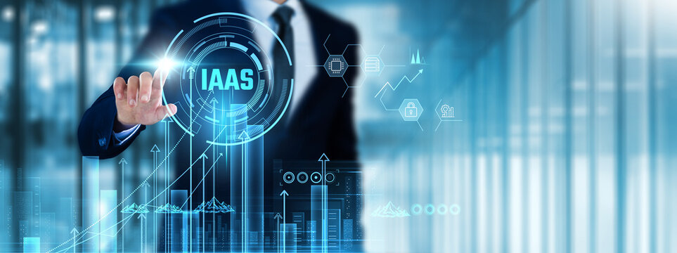 IaaS (Infrastructure as a Service): Businessman touch IaaS analyzing graph scalability, cost efficiency, resource management, virtualization, flexibility, performance monitoring, data storage.
