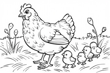 Fototapeta premium A mother hen leads her four fluffy chicks through a grassy field, surrounded by flowers, showcasing a nurturing and lively scene.