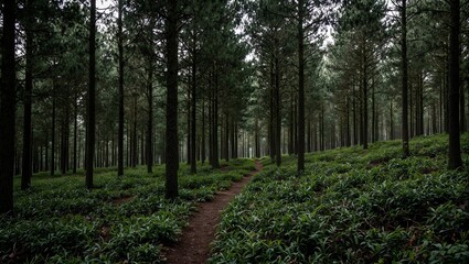 Fototapeta premium Serene Black Forest landscape with tall trees and winding trail