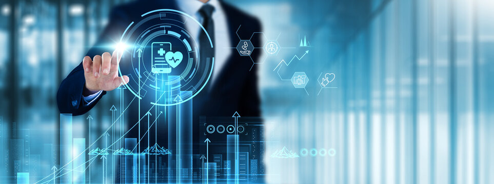 Telehealth: Businessman touch telehealth analyzing graph patient outcomes, remote consultations, healthcare access, digital health records, telemedicine platforms, cost efficiency, health monitoring.