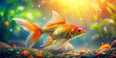 Fototapeta premium Vintage Style Photograph of Graceful Goldfish Swimming in a Crystal Clear Aquarium with Soft Lighting and Natural Elements