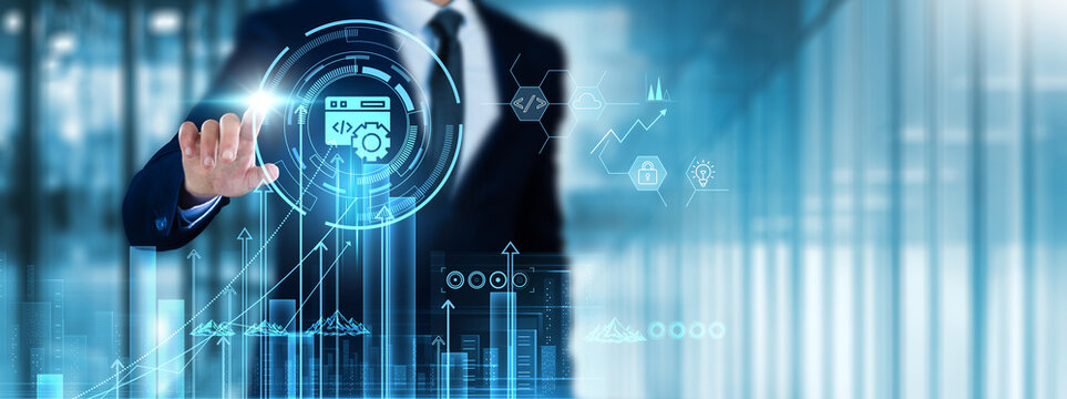 Web Development: Businessman touch web development analyzing graph user experience, responsive design, coding standards, performance metrics, SEO optimization, backend integration.