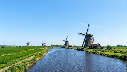 Fototapeta premium Idyllic Dutch canal with windmills in lush fields under clear blue sky