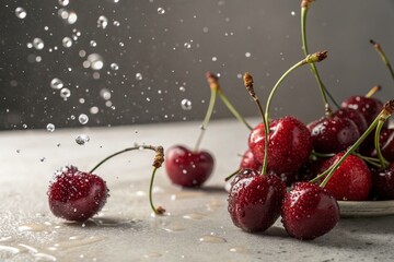 Vintage Style Photography of Cherries Falling in Studio with Delicious Condensation