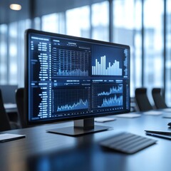 Virtual financial dashboard, holographic screen, executive boardroom