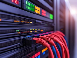 Naklejka premium Close-up of server equipment with vibrant LED lights and organized network cables, showcasing modern technology in data management.