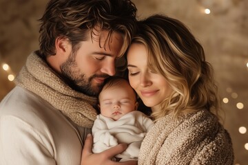 Tender moment of the holy family with fathers hand on mothers shoulder and baby nestled between them © Natalia