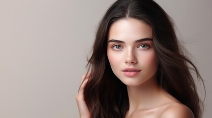 Naklejka premium Elegant portrait of a woman with flowing hair and captivating gaze, highlighting beauty, sophistication, and timeless grace.
