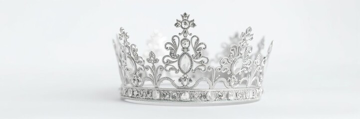 Obraz premium Silver crown with intricate details and sparkles, isolated on a crisp white background, royalty, elegance, symbol