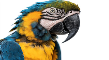 Fototapeta premium Close-up of a colorful blue and yellow macaw parrot with detailed feathers and a prominent beak on a white background