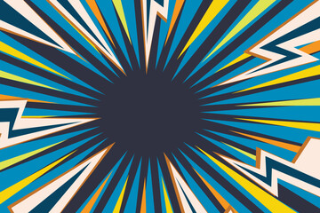 Pop art radial colorful comics book magazine cover. Striped color digital background with thunder flash. Cartoon funny retro pattern strip mock up. Vector halftone illustration. Sunburst shape