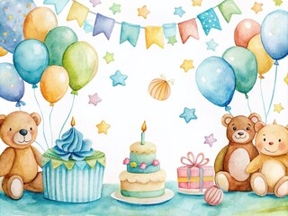 Obraz premium Watercolor Baby Boy Birthday Illustrations, Cute Party Decorations, Isolated Designs for Invitations, Cards, and Celebrations, Hand-Painted Artwork for Newborns, Unique Gifts