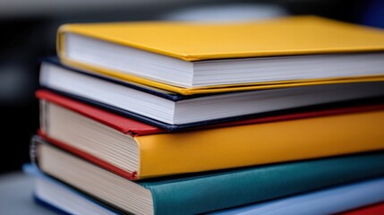 A stack of five hardcover books, with yellow, red, blue, and green covers.