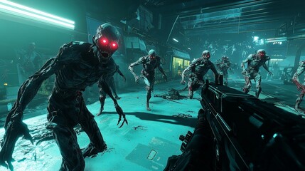 A futuristic virtual reality game where players battle zombies in a fully immersive environment, with glowing HUD elements and high-tech visuals