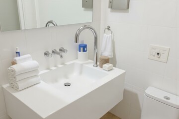 Elegant Modern Bathroom Featuring Minimalist White Fixtures Clean Serenity Relaxing Fresh Soft Ambient Lighting
