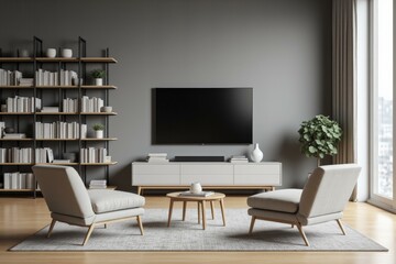 Modern Living Room Features Cozy Seating, Entertainment Center with Flat Screen TV, and Floor-to-Ceiling Bookshelf Filled with Books, Creating a Relaxing and Inviting Atmosphere