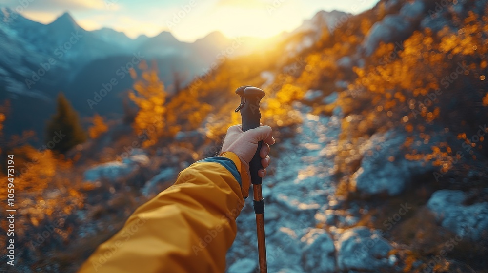 Poster a hiker in a bright yellow jacket holds a trekking pole while navigating a rocky path. the sun casts