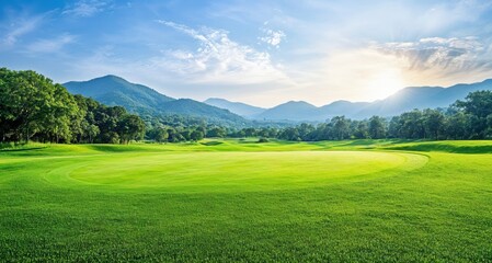 Naklejka premium Golf course landscape featuring lush green grass, majestic mountains, and a bright blue sky sunlight.