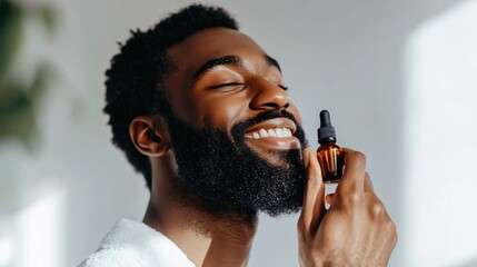 Happy Man Applying Beard Oil, Skincare Routine