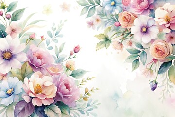 Fototapeta premium Softly blended watercolor flowers on a subtle white background, organic shapes, texture, garden scenes