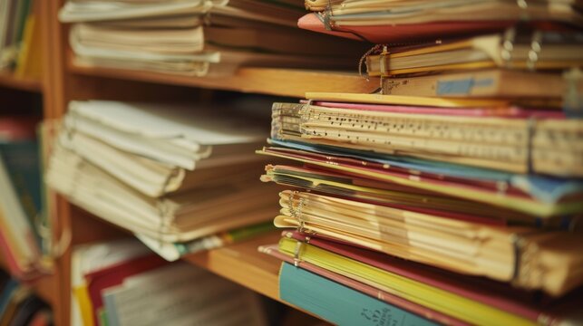 A shelf stacked with various vocal exercise books and resources is available for choir members to reference and use during rehearsals.
