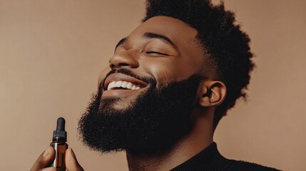 Happy Man with Beard Applying Beard Oil