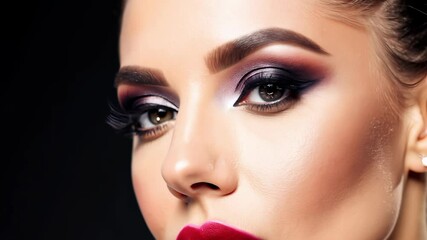 A captivating makeup application highlights vibrant colors on a model's face, showcasing dramatic eye effects and striking lip color.