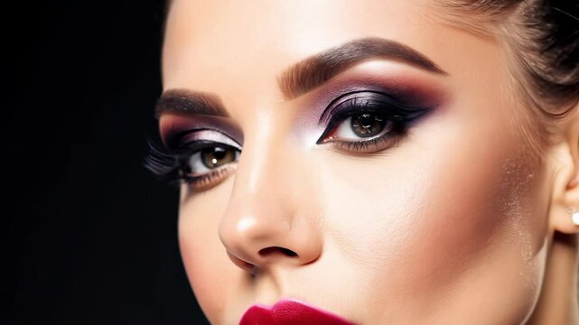A captivating makeup application highlights vibrant colors on a model's face, showcasing dramatic eye effects and striking lip color.