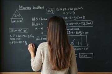 Student diligently solving complex math problems on chalkboard during intense study session, showcasing deep concentration and academic pursuit.
