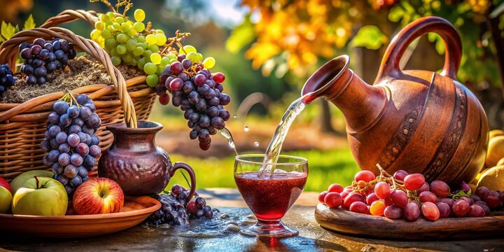 Wedding at Cana Illustration: Jesus Turning Water into Wine, Macro Photography of Grapes, Wine Jugs, and Ceremony Atmosphere, Evocative Religious Imagery, Vibrant Colors, Spiritual Celebration