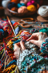 Unravel the art of knitting: An interactive step-by-step knitting tutorial with vibrant colored yarns and essential accessories