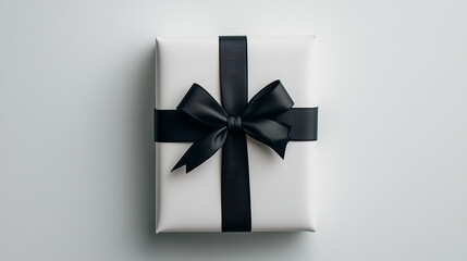 Minimalist Gift Box with Black Ribbon on Light Background