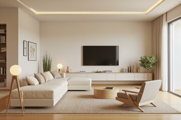 Minimalist Living Room Spacious Comfort Elegant Modern Decor Warmth Cozy Lighting Natural Lighting Plants Soft Textures