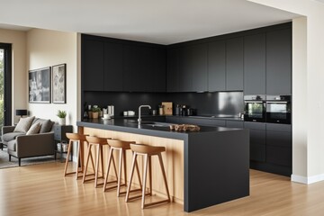 Modern Minimalist Kitchen with Sleek Black Cabinets, Wooden Floors, and Cozy Living Room Creating Serene and Sophisticated Atmosphere