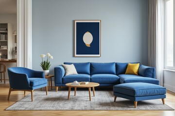Modern Blue Living Room with Comfortable Sectional Sofa and Charming Decor Creates Cozy Atmosphere