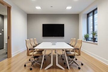 Modern Conference Room with Minimalist Design: Clean Lines, Natural Light, and Elegant Chairs Enhance Collaborative Atmosphere