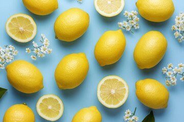 Fresh lemons and lemon slices arranged on a blue background with floral accents, perfect for culinary or wellness themes.